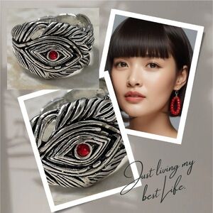 Silver Feather Red Crystal Evil Eye Ring